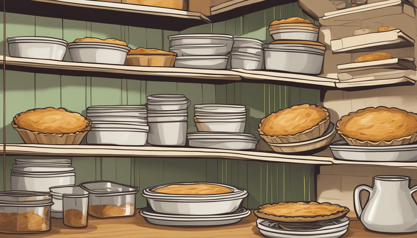 A stack of Marie Callender's Deep Dish Pie Shells sits on a pantry shelf, surrounded by baking ingredients and utensils. A calendar on the wall shows the current date