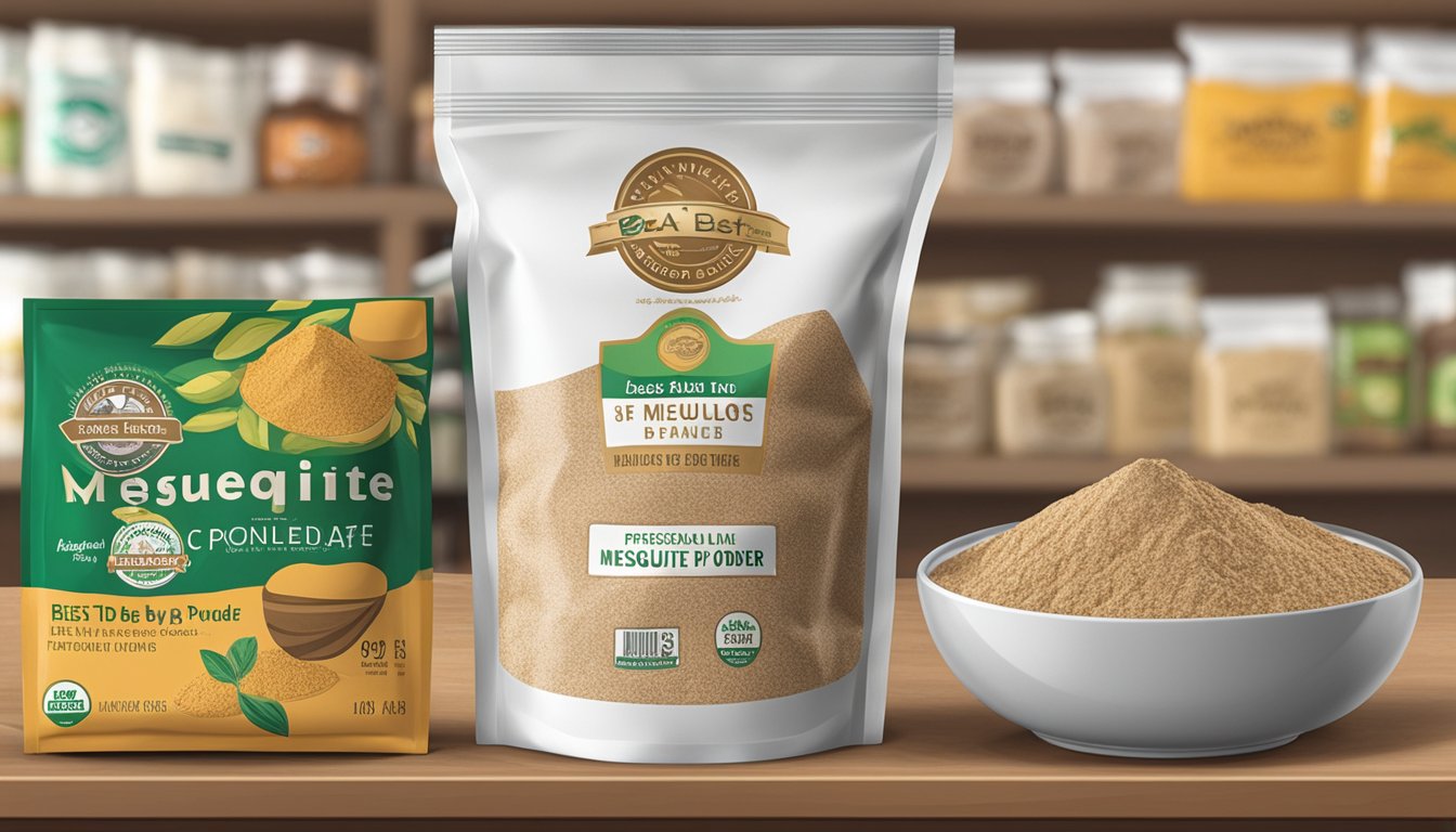 A bag of mesquite powder sits on a shelf next to other food products, with a "best by" date clearly displayed on the packaging