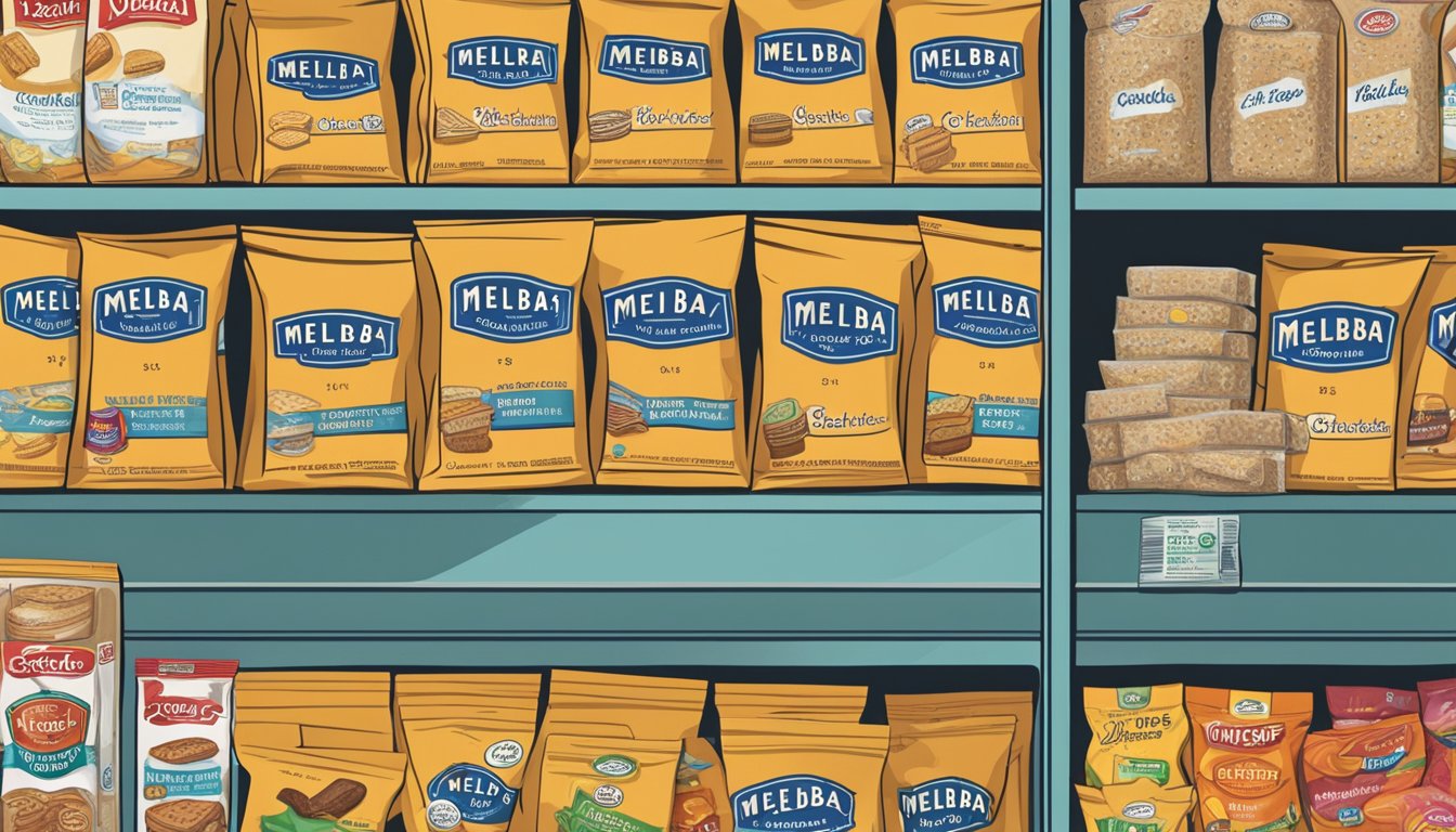 A pack of Melba toast sits on a shelf, surrounded by other snacks. The expiration date is prominently displayed, indicating its shelf life