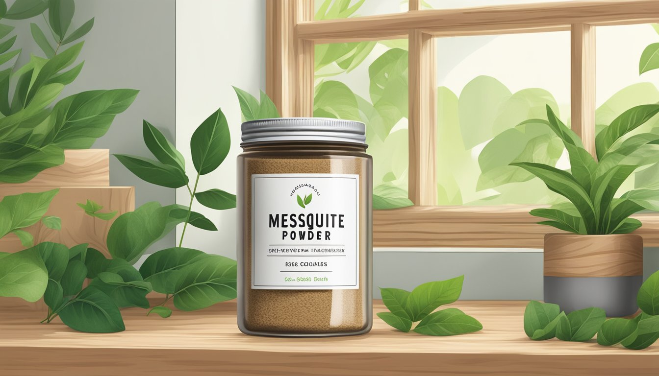 A jar of mesquite powder sits on a wooden shelf, surrounded by eco-friendly packaging and lush greenery. The scene exudes sustainability and environmental consciousness