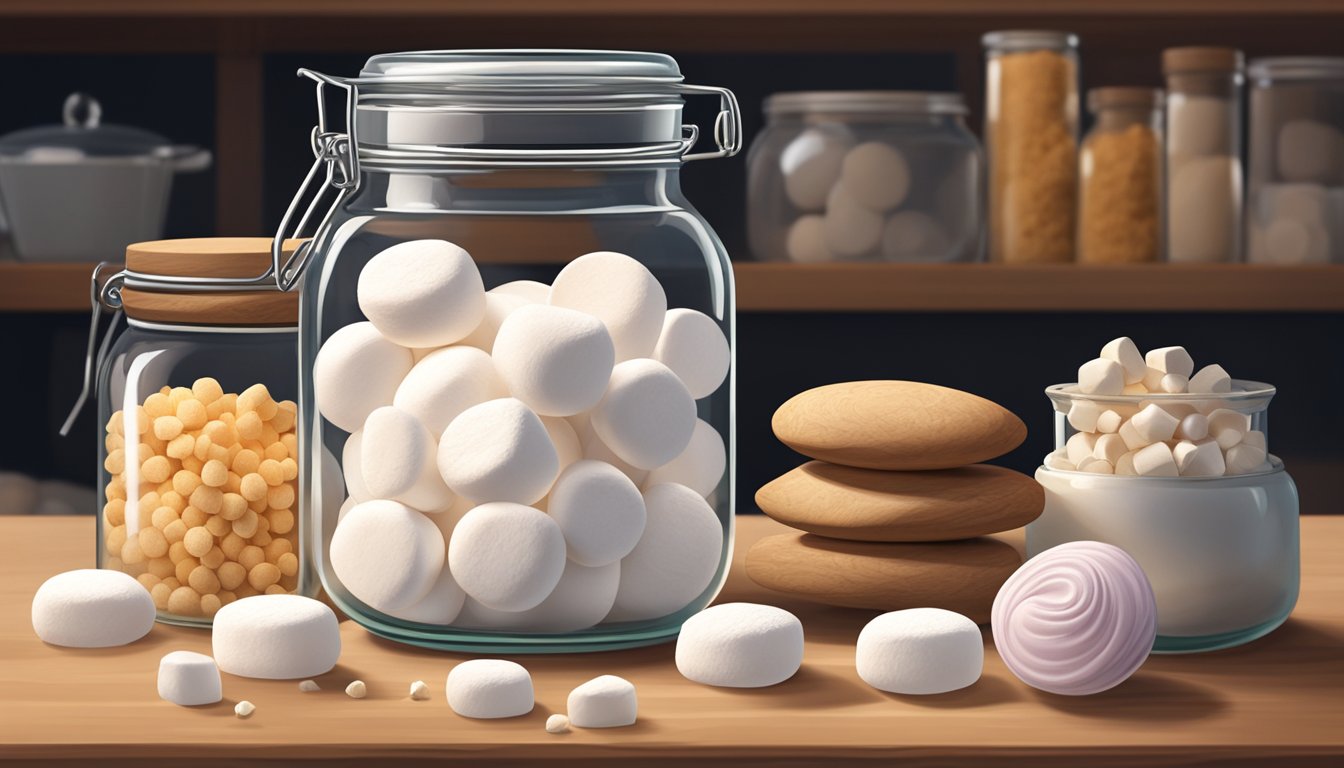 A clear glass jar filled with fluffy white marshmallows sits on a wooden shelf, surrounded by other baking ingredients. The marshmallows are soft and pillowy, with a few small crumbs scattered around the jar