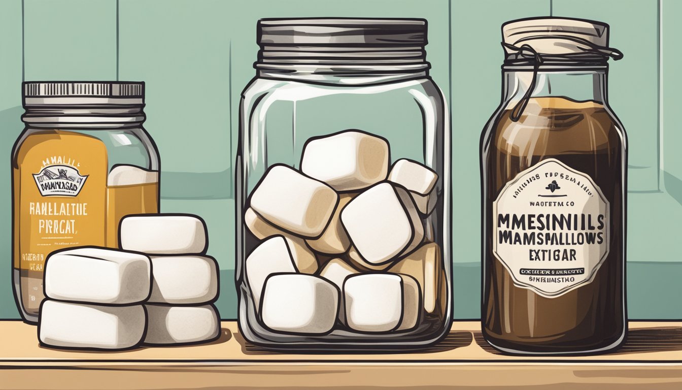 A package of marshmallows sits on a kitchen shelf, next to a bag of sugar and a jar of vanilla extract. The expiration date is clearly visible on the packaging