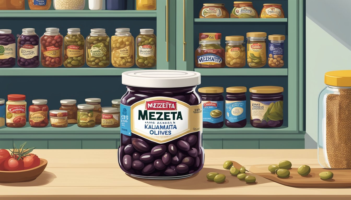 A jar of Mezzetta Pitted Greek Kalamata Olives sits on a kitchen shelf, surrounded by other pantry items. The label indicates the expiration date