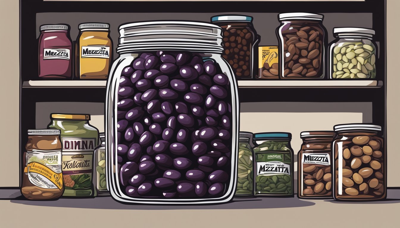 A jar of Mezzetta Pitted Greek Kalamata Olives sits on a shelf in a cool, dark pantry, surrounded by other preserved foods