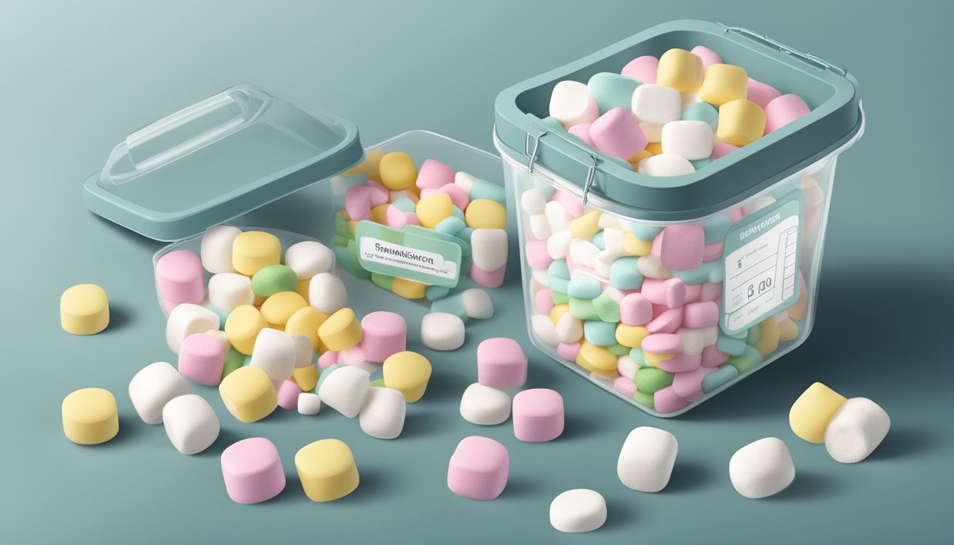 Airtight container with marshmallows, labeled with expiration date