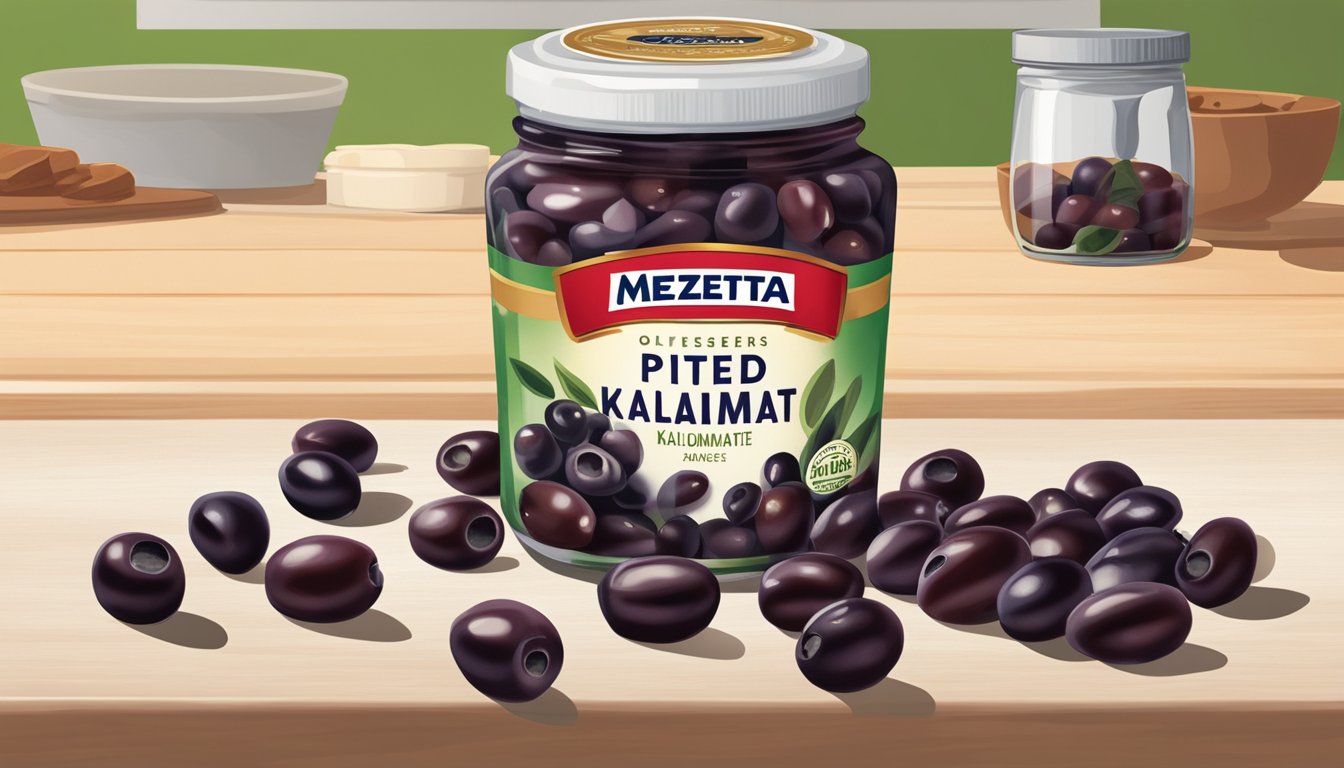 A jar of Mezzetta Pitted Greek Kalamata Olives sits on a kitchen countertop, with a few olives spilling out onto the surface. The olives appear wrinkled and discolored, indicating spoilage