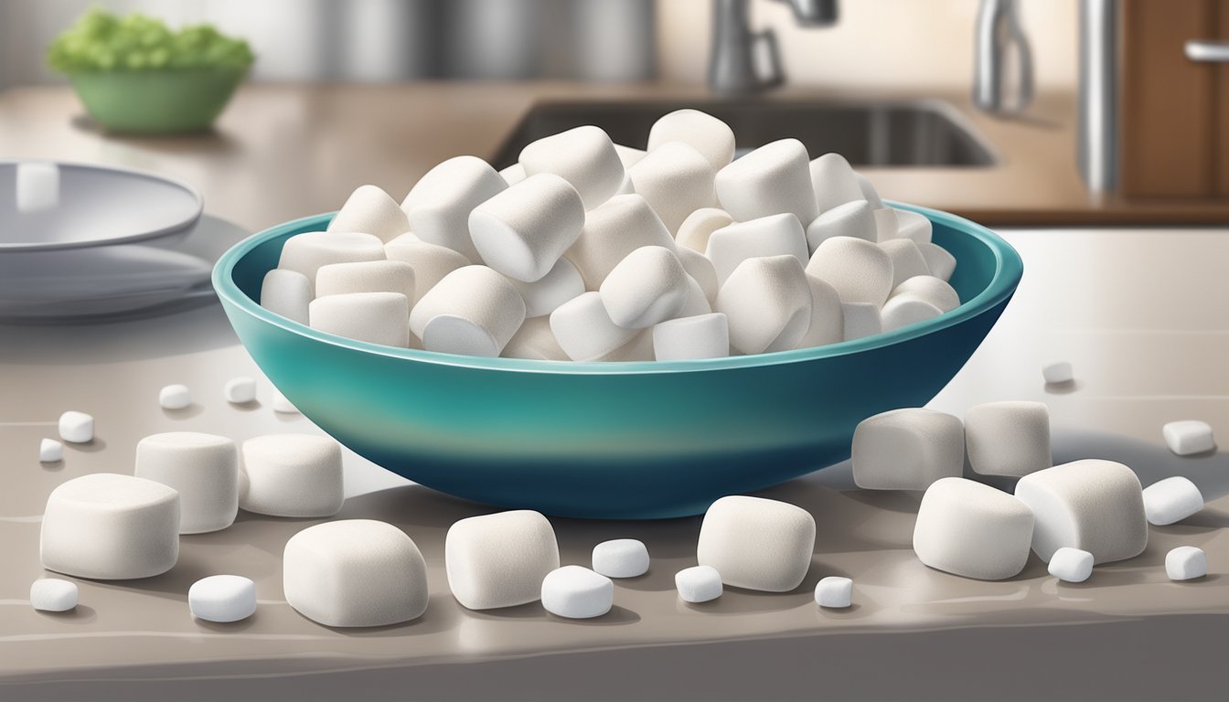 A bag of marshmallows left open on a kitchen counter, with some marshmallows showing signs of mold and discoloration