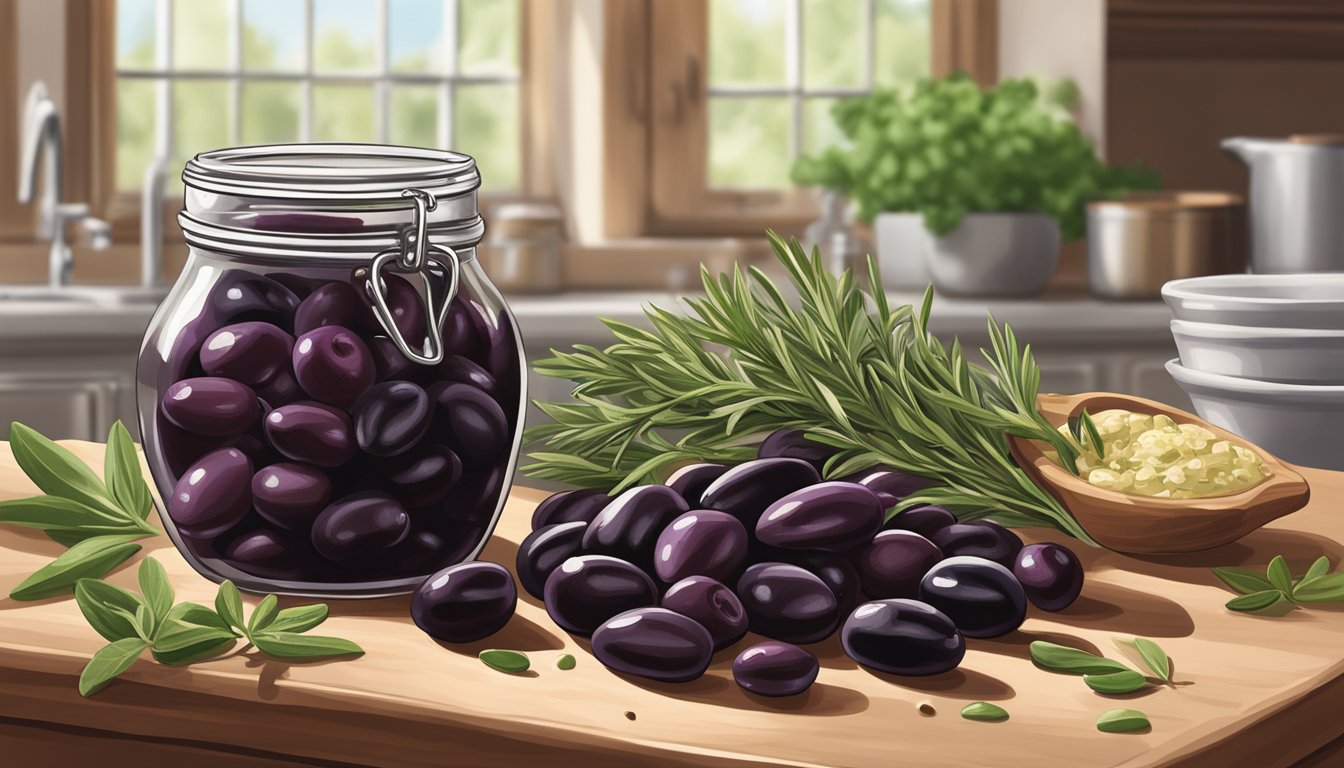 A jar of Mezzetta Pitted Greek Kalamata Olives sits on a kitchen counter, surrounded by fresh herbs and olive oil