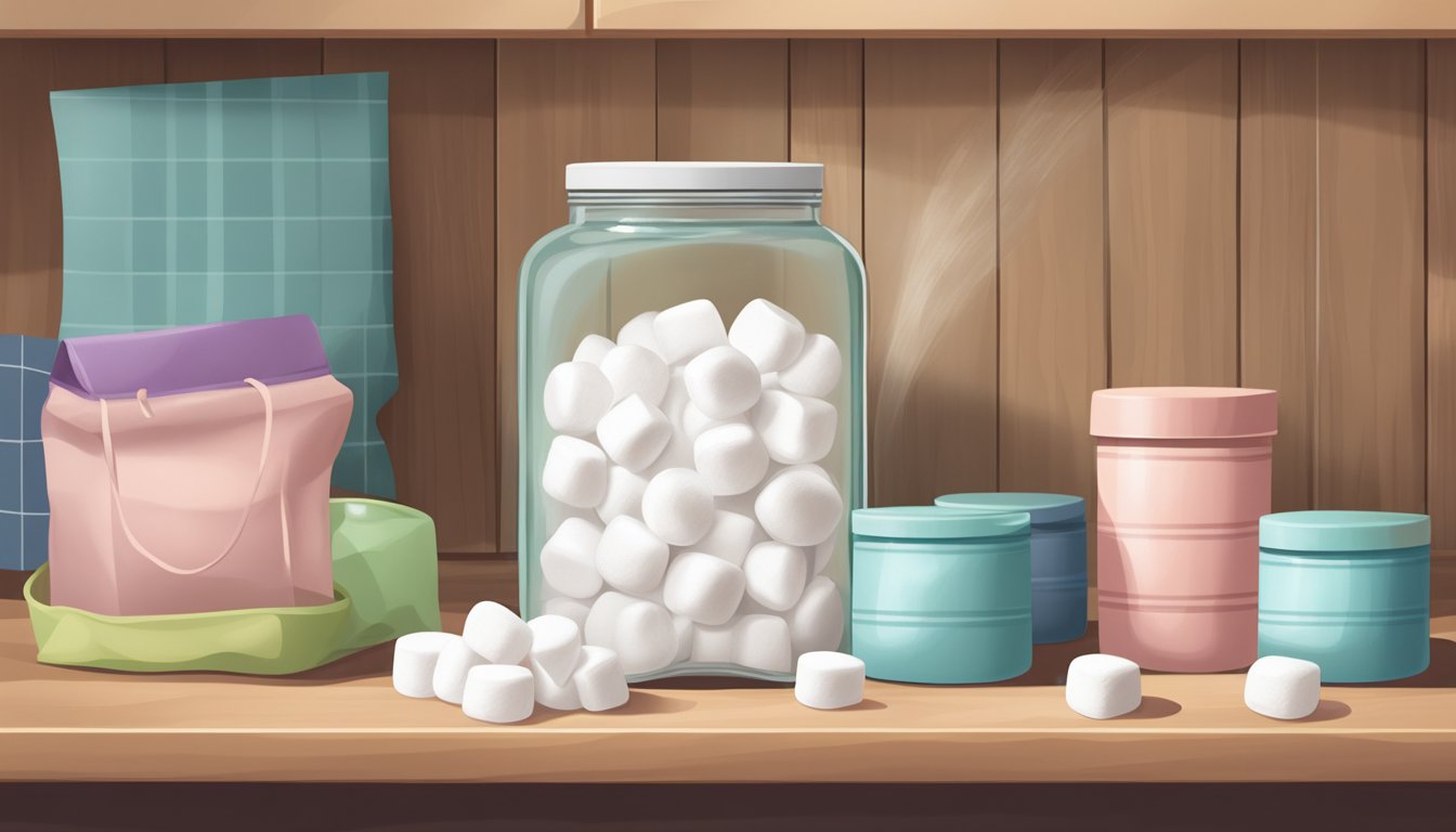 A sealed bag of marshmallows sits on a kitchen shelf, next to a jar of sugar and a measuring cup. The marshmallows are fluffy and white, with no signs of spoilage