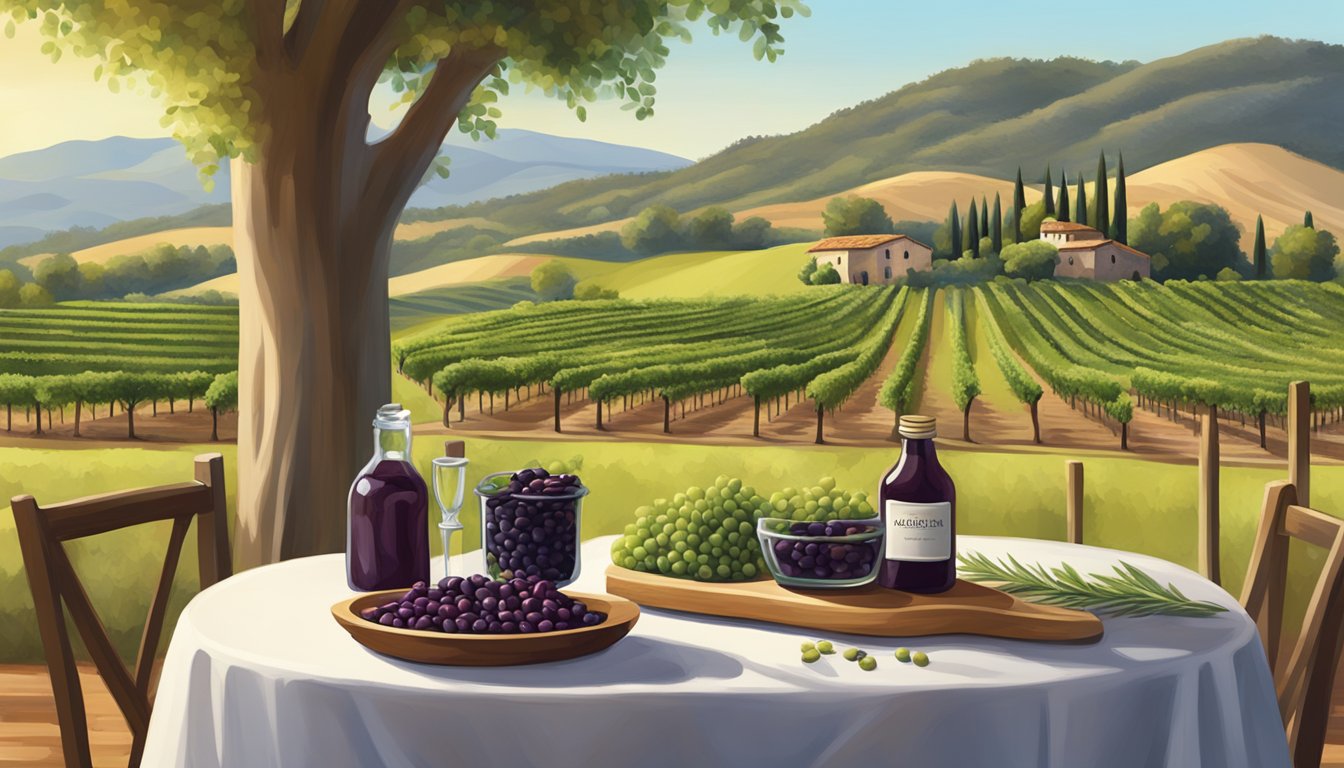 A sunny Napa Valley vineyard with a rustic table set with a jar of Mezzetta Pitted Greek Kalamata Olives, surrounded by olive trees and rolling hills