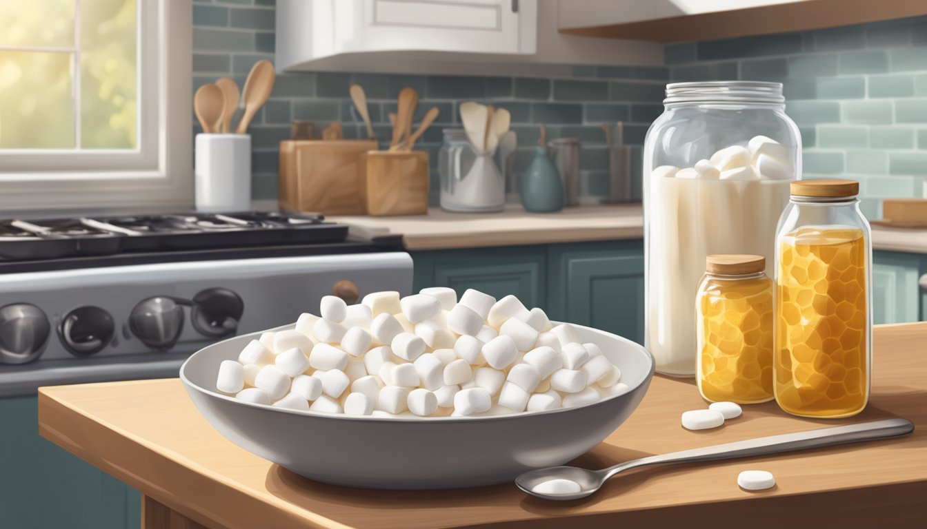 A bag of marshmallows sits on a kitchen counter, next to a jar of honey and a bowl of whipped cream