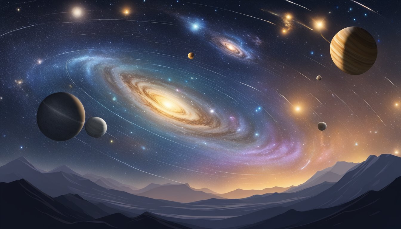 The Milky Way galaxy swirling with stars, with the solar system depicted in the foreground