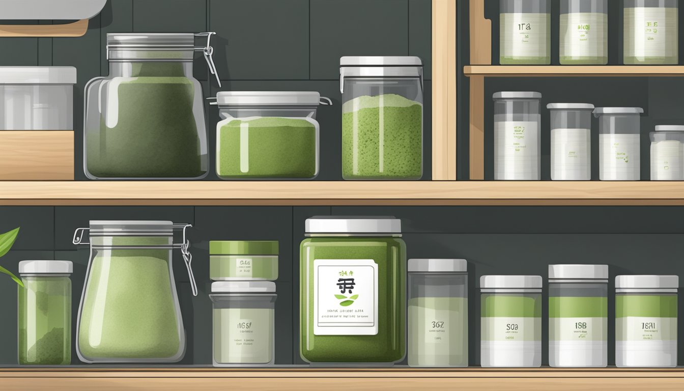 A tightly sealed container of matcha powder sits on a shelf next to other neatly organized kitchen items, with a label indicating the date of purchase