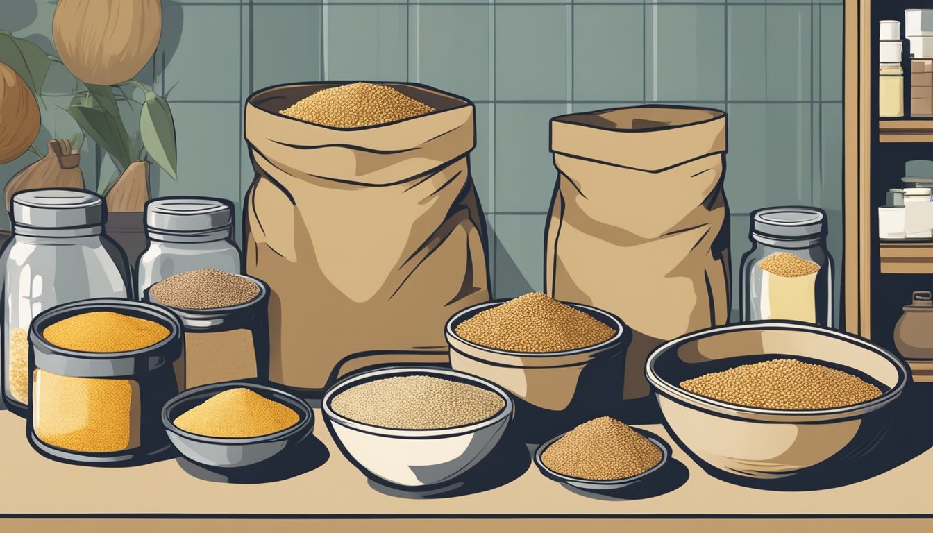 A bag of millet sits on a kitchen counter, surrounded by various containers and pantry items. The millet grains are dry and uniform in color, with no signs of spoilage