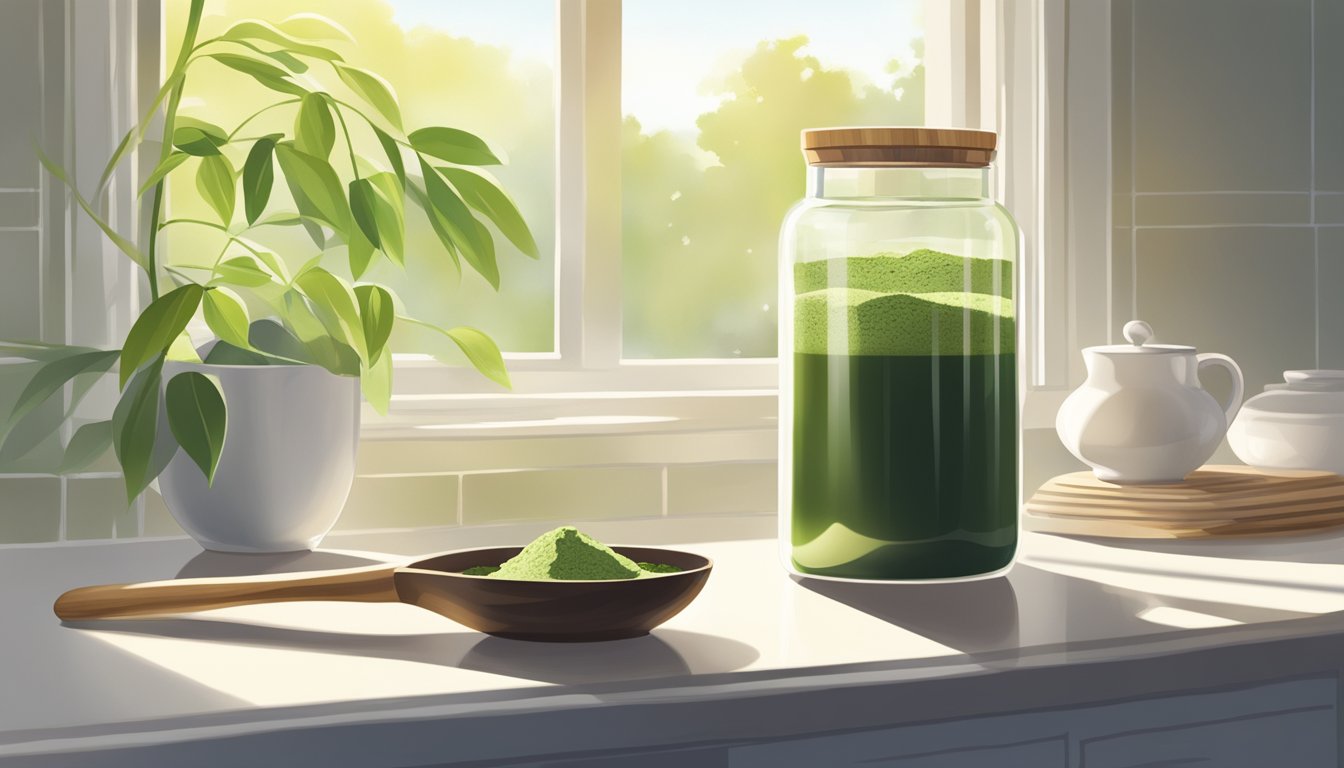 A jar of matcha powder sits on a clean, white kitchen counter next to a bamboo whisk and a ceramic bowl. Sunlight streams in through a nearby window, casting a soft glow on the scene