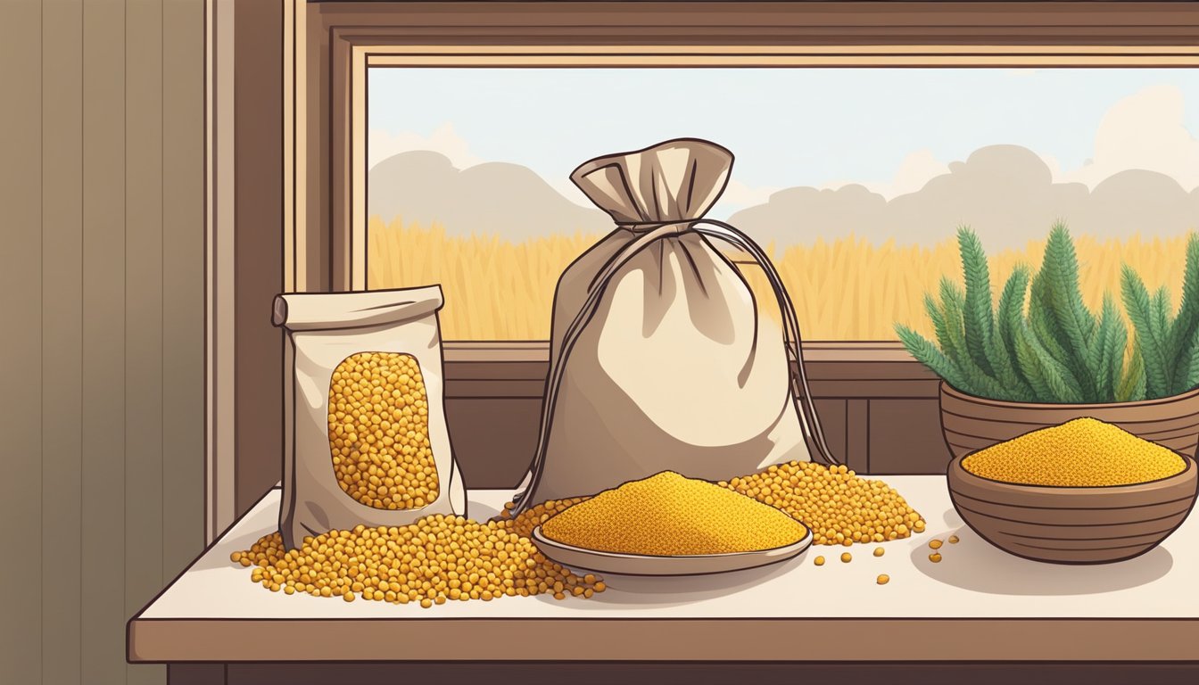 A bag of millet grains sits on a shelf, surrounded by other pantry items. The millet is dry and intact, with no signs of spoilage