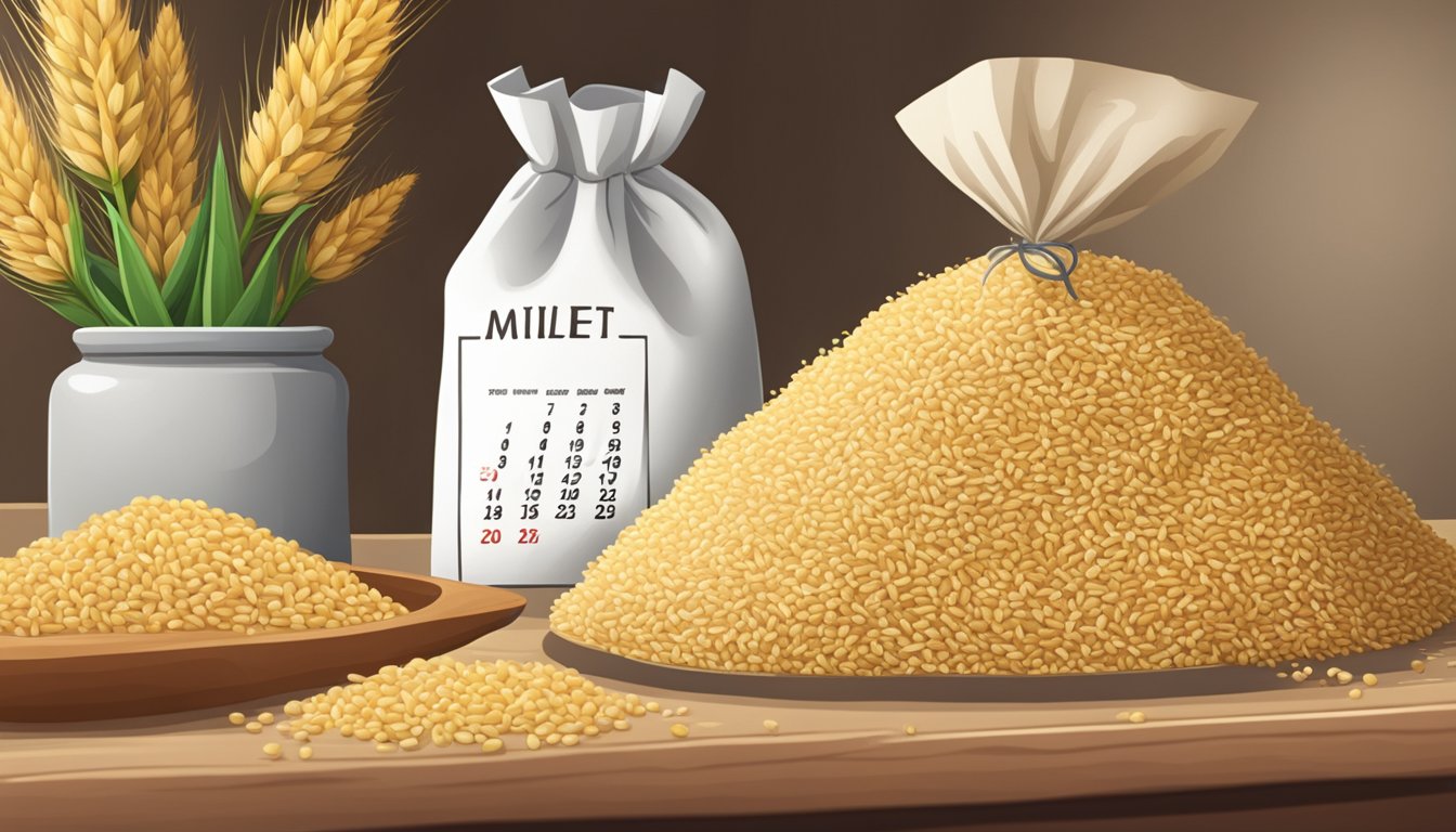 A bag of millet sitting on a shelf next to other grains, with a calendar showing the current date in the background