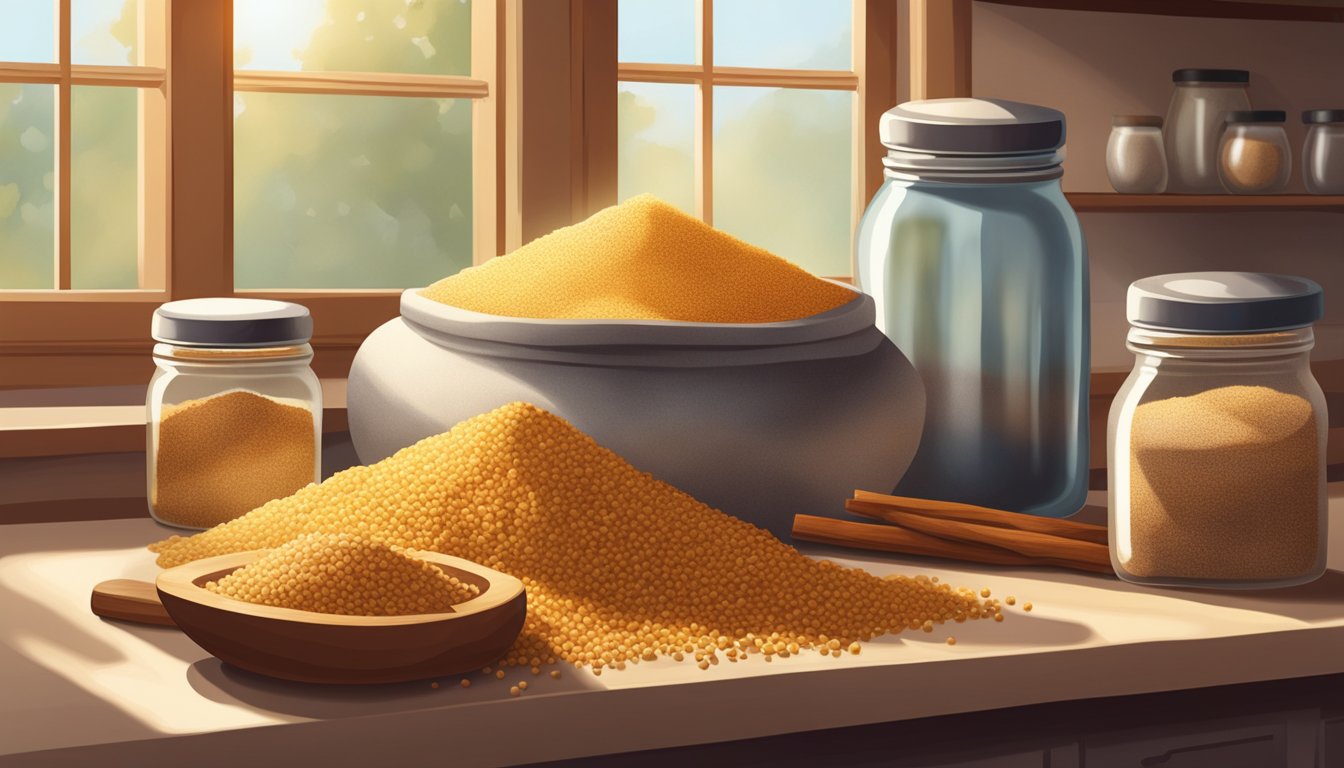 A bag of millet sits on a kitchen shelf, surrounded by jars of spices and other grains. The room is warm and inviting, with sunlight streaming in through the window