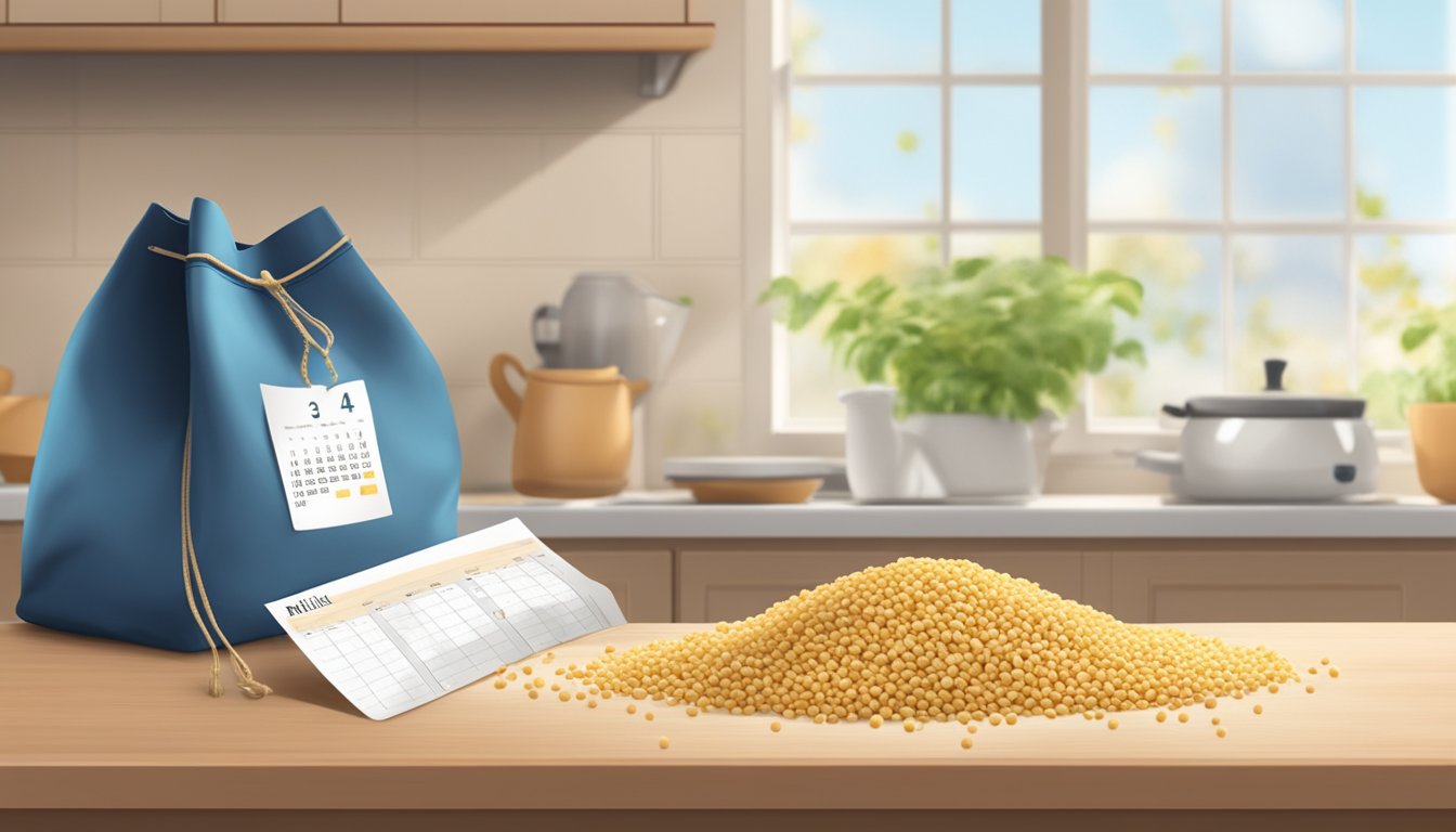 A bag of millet grains sits on a kitchen shelf, next to a calendar with the date circled. A few grains have spilled onto the counter