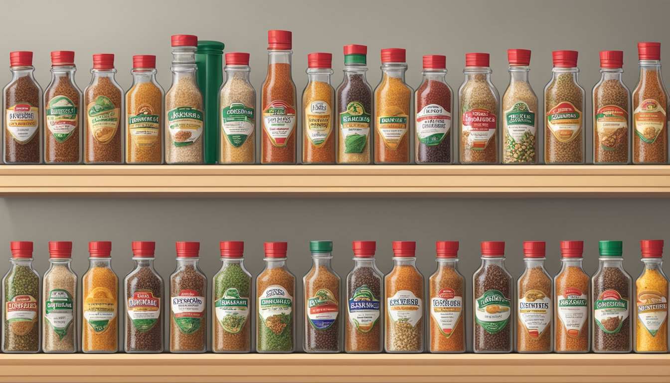 A shelf with various McCormick spice bottles, some opened, some unopened, with expiration dates visible