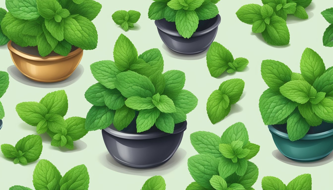 Fresh mint varieties arranged in a row, some in pots, some loose, with vibrant green leaves and distinct aromas