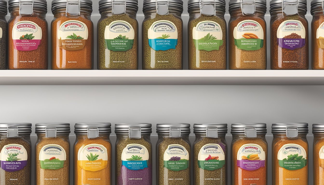 A colorful array of McCormick spice jars lined up on a kitchen shelf, each with a vibrant label and sealed lid