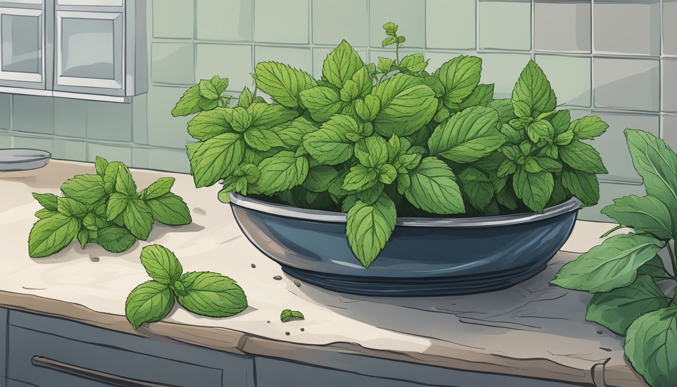 A wilted sprig of mint sits on a countertop next to a moldy bunch of herbs