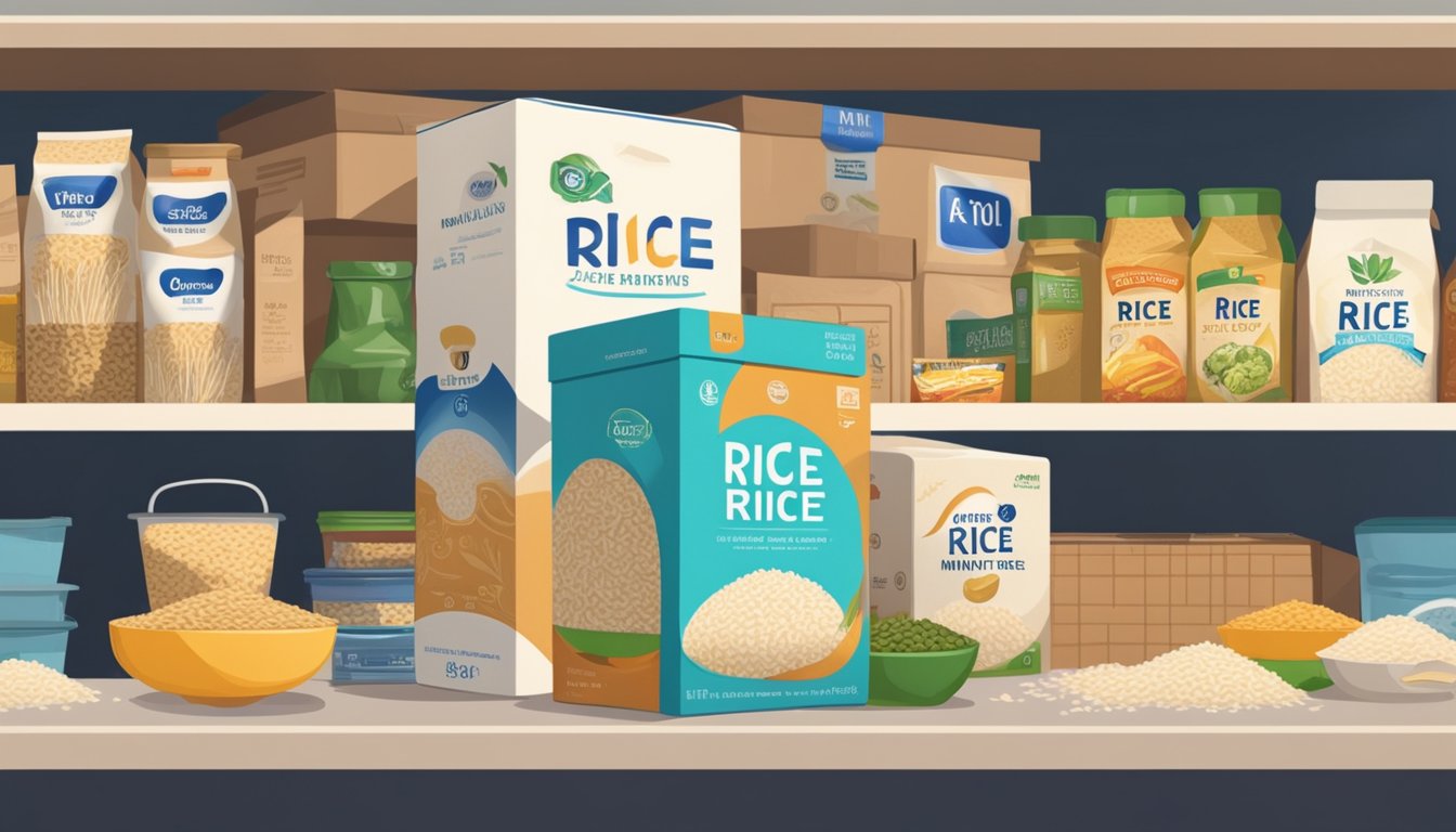 A box of Minute Rice sits on a kitchen shelf, surrounded by other pantry items. The expiration date is visible on the packaging