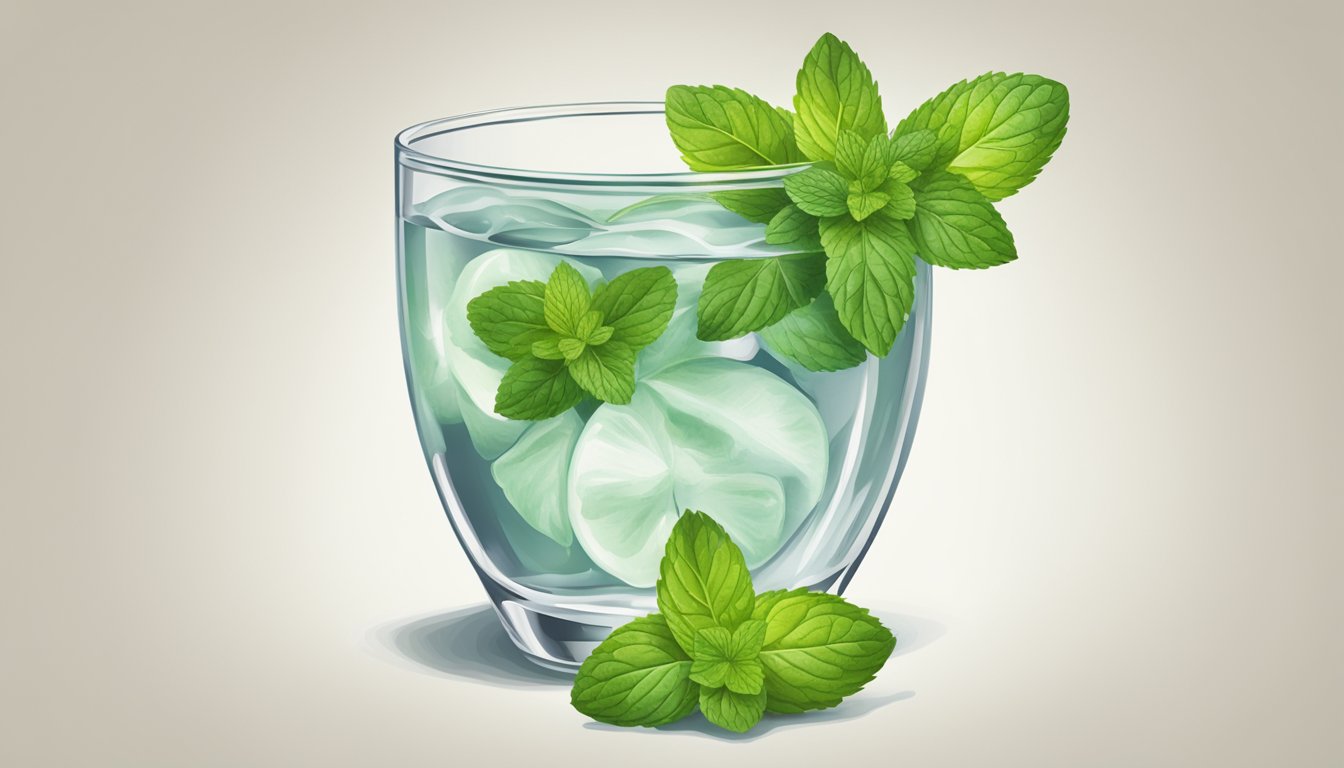 A sprig of mint in a glass of water, placed on a kitchen counter