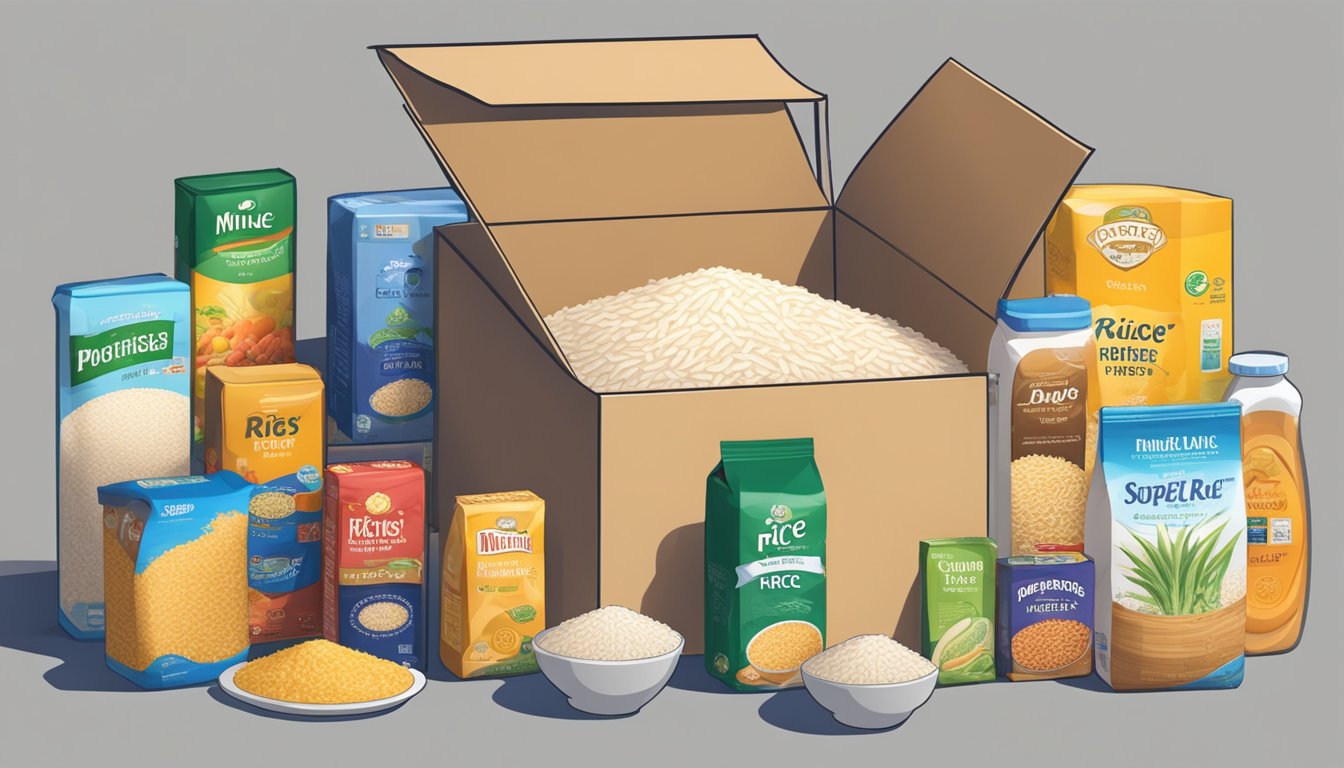 A box of Minute Rice sits unopened on a pantry shelf, surrounded by other non-perishable food items