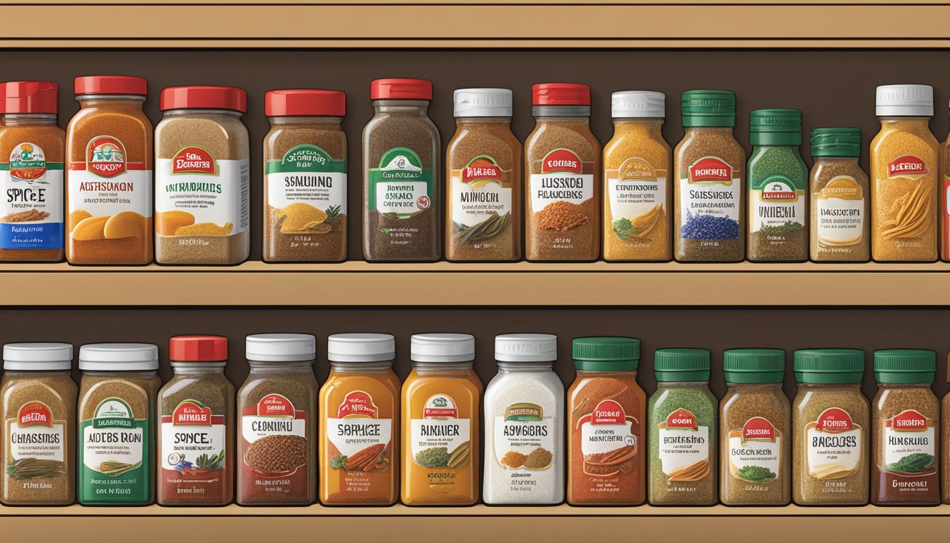 Assorted McCormick spice bottles arranged on a kitchen shelf, with various expiration dates visible