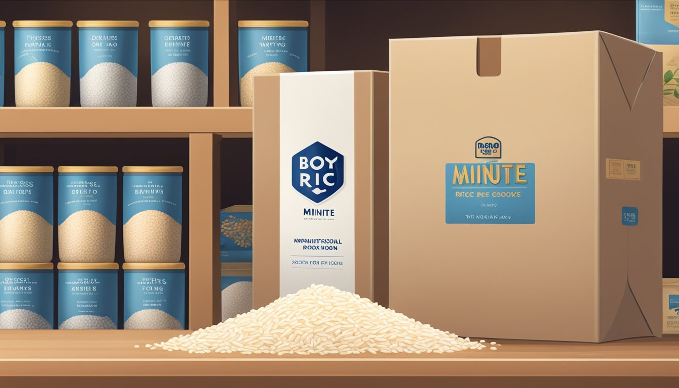 A box of Minute Rice sits on a pantry shelf, surrounded by other dry goods. The expiration date is visible on the package