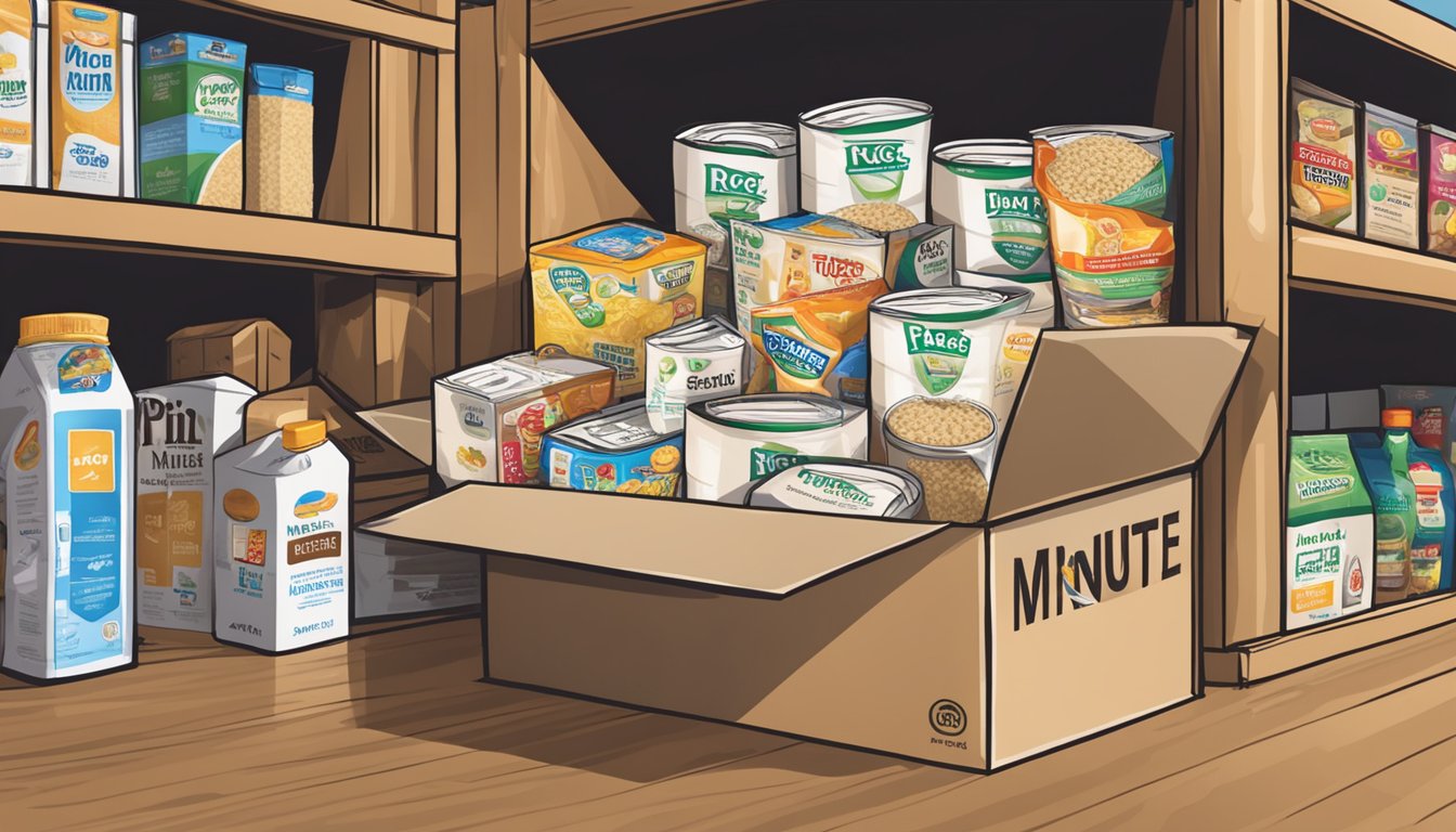 A box of Minute Rice sits unopened on a pantry shelf, surrounded by other non-perishable items