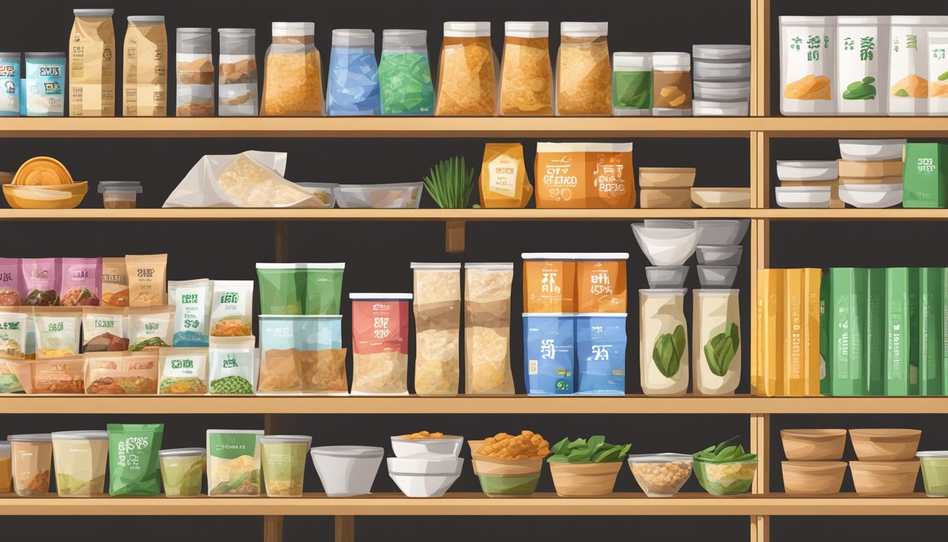 A pantry shelf with various miso soup packets, some opened and partially used, others still sealed and neatly arranged