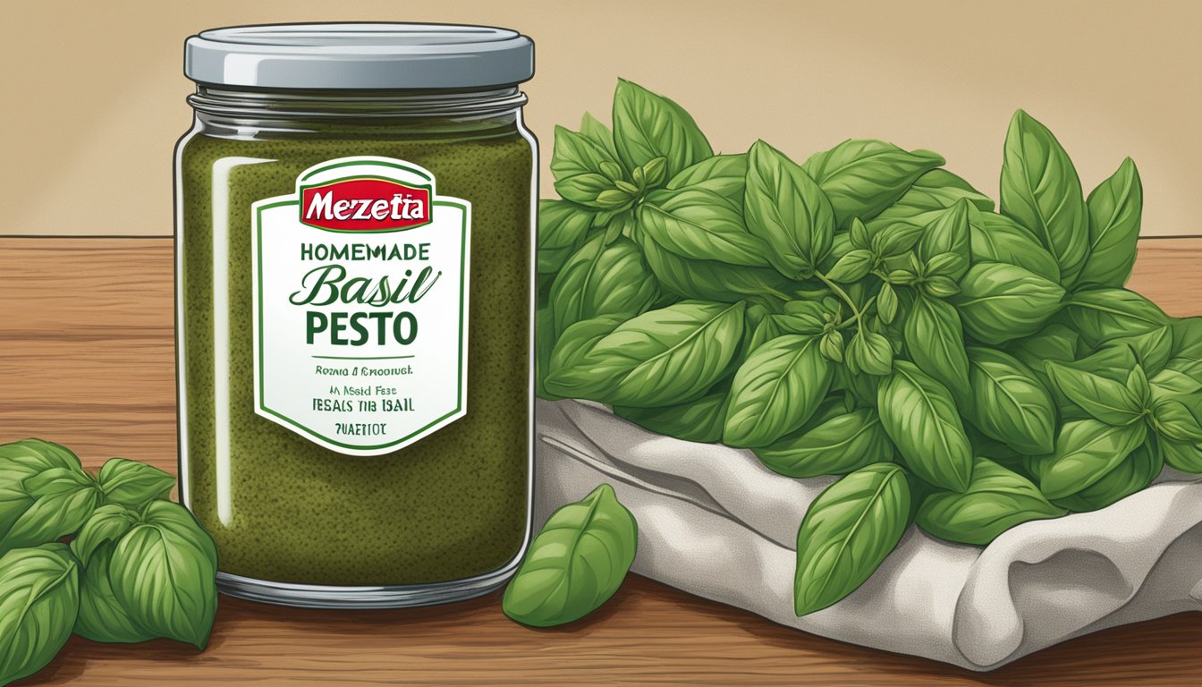 A jar of Mezzetta Homemade Style Basil Pesto sits on a kitchen counter, surrounded by fresh basil leaves and pine nuts. The jar is labeled with the brand name and product information