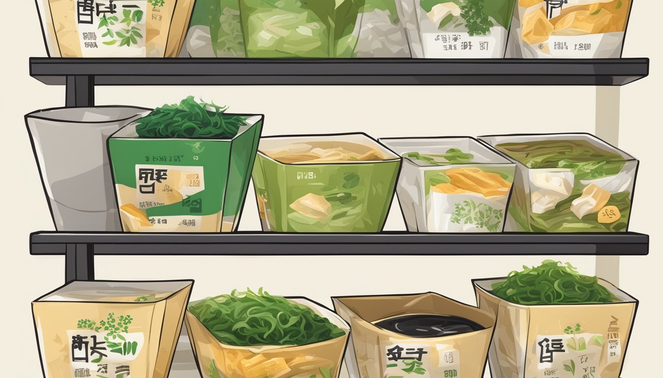 A shelf with miso soup packets, some opened, some unopened, surrounded by the flavors of seaweed, tofu, and green onions