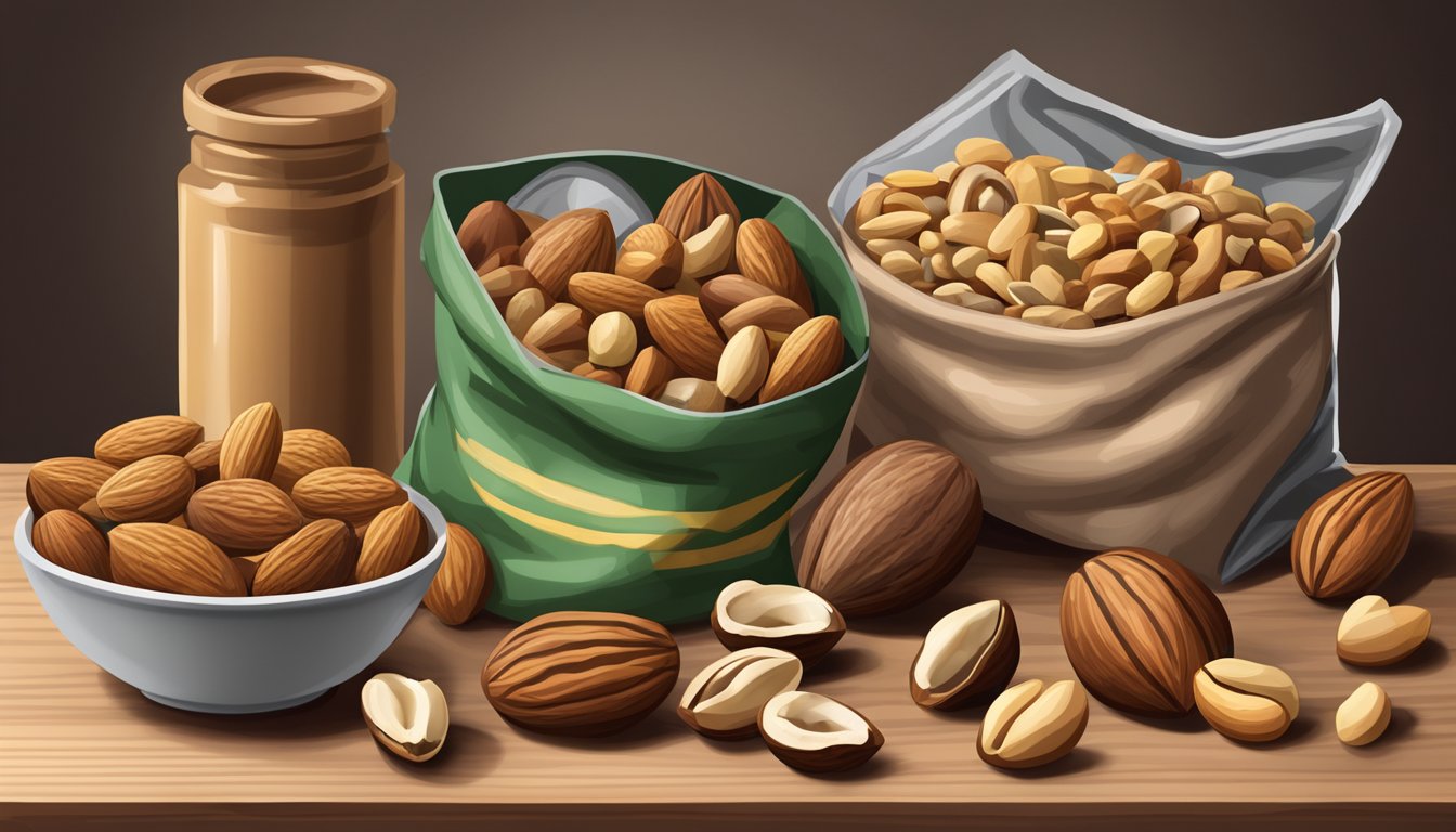 A variety of mixed nuts arranged on a wooden shelf, with some nuts spilling out of a small, open bag. Some nuts are still in their shells, while others are shelled and mixed together