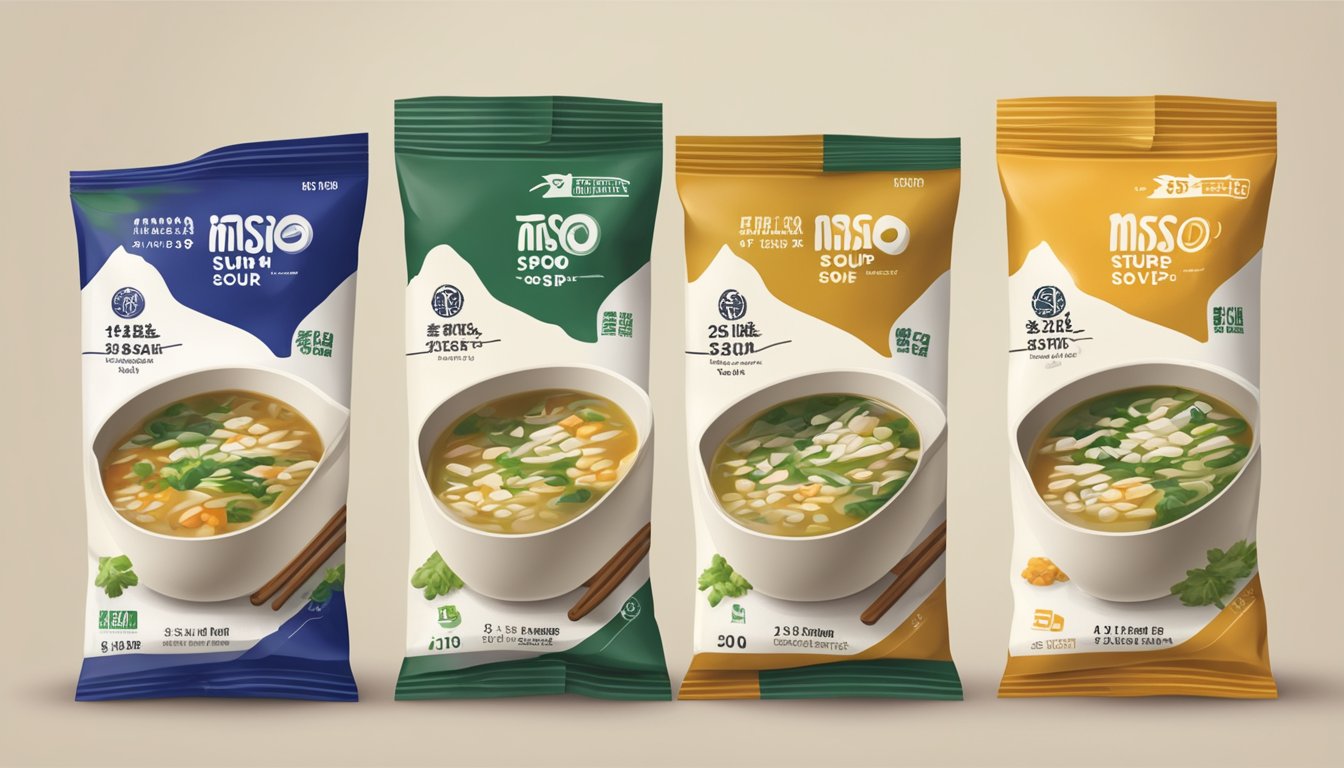 A stack of miso soup packets with varying expiration dates, some opened and partially used