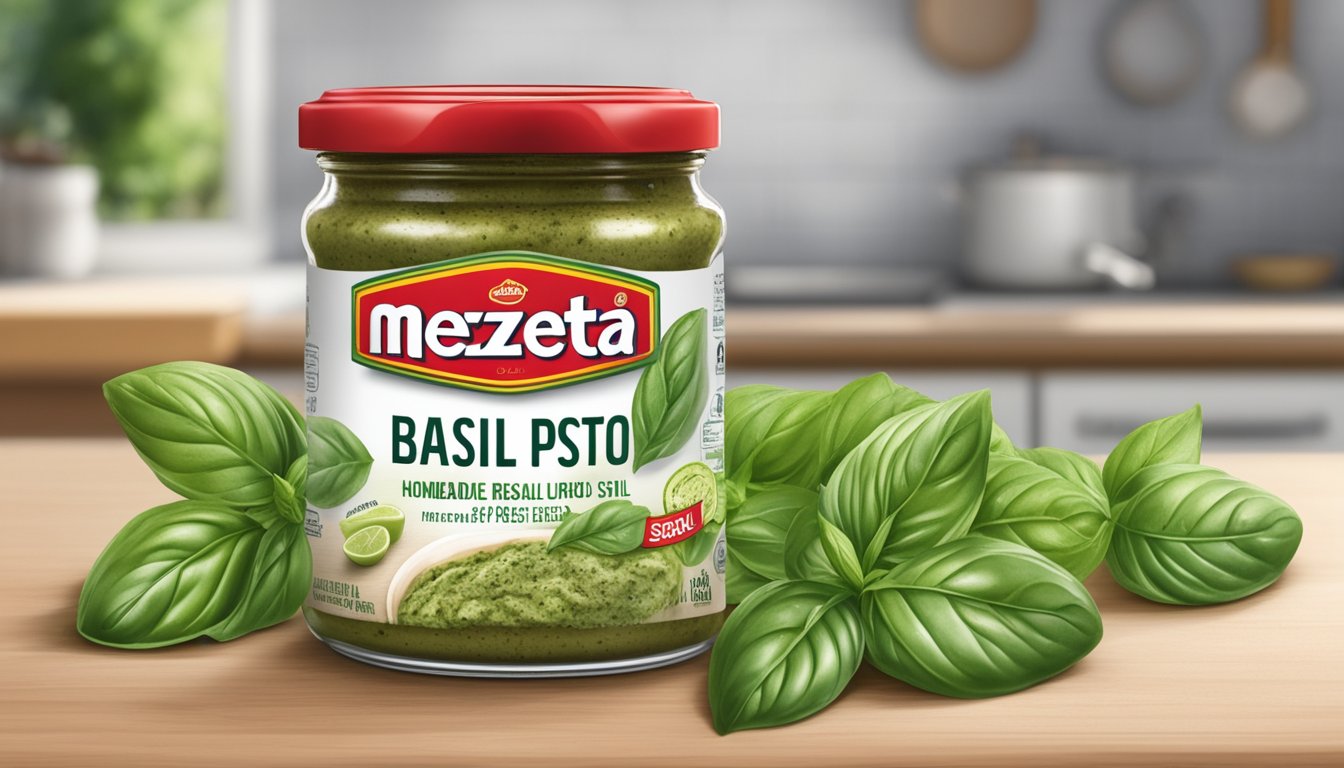 A jar of Mezzetta Homemade Style Basil Pesto sits open on a kitchen counter, with visible signs of mold and discoloration on the surface