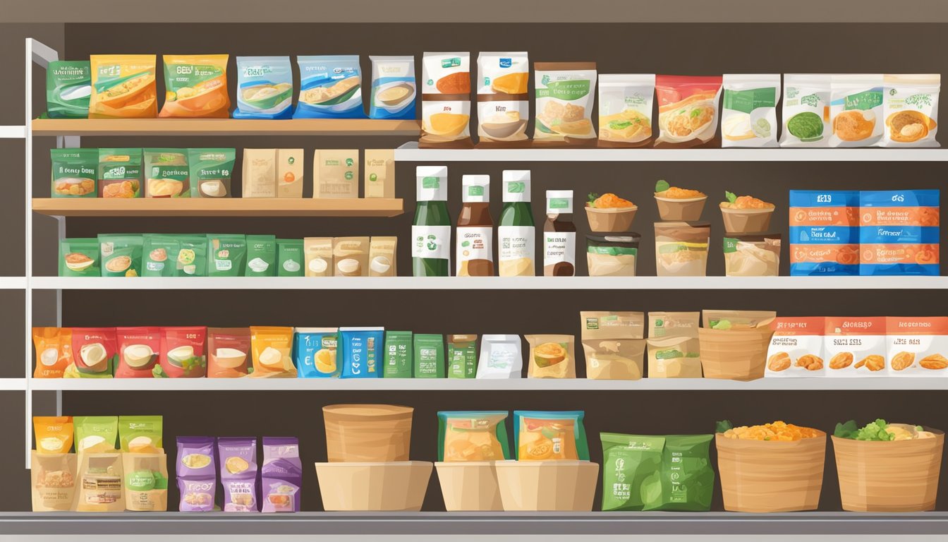 A pantry shelf with various miso soup packets, some open and partially used, others still sealed in their packaging