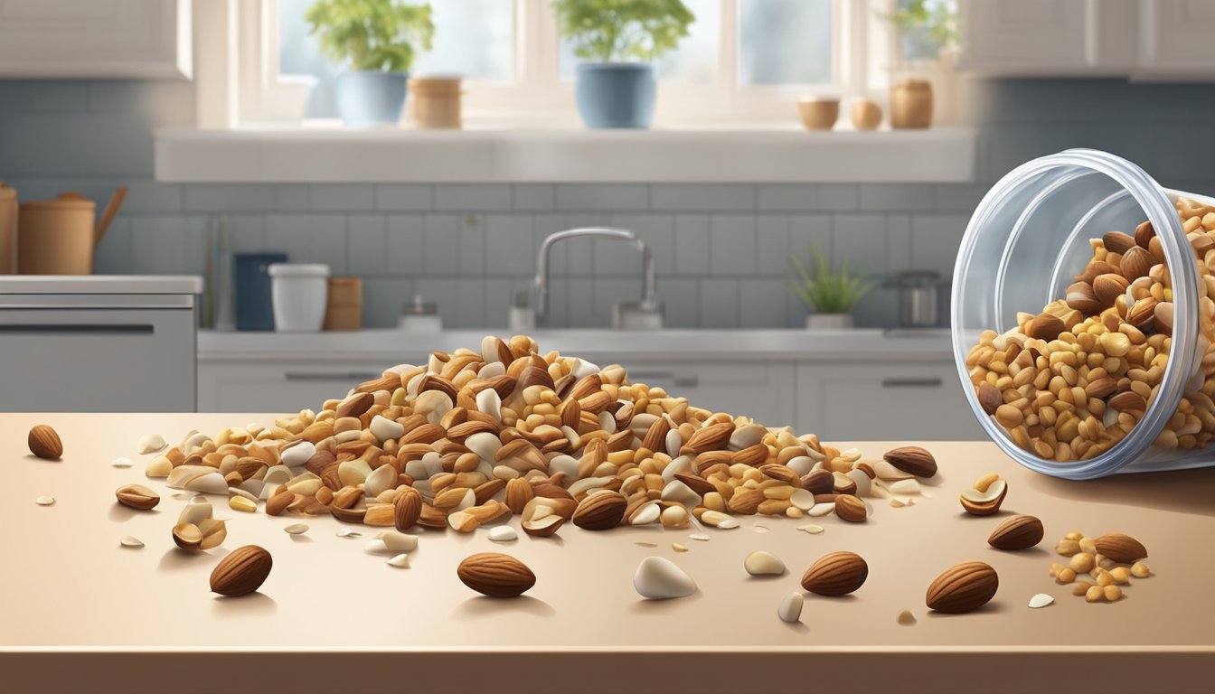 A variety of nuts spill out of a torn open packaging, scattered across a kitchen counter. The empty container lies discarded nearby