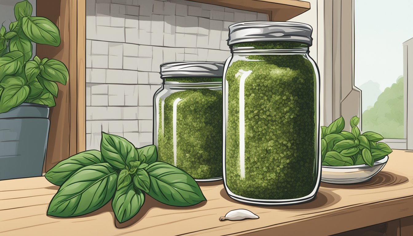 A jar of Mezzetta Homemade Style Basil Pesto sits unopened on a shelf, surrounded by fresh basil leaves and garlic cloves. A calendar on the wall shows the current date