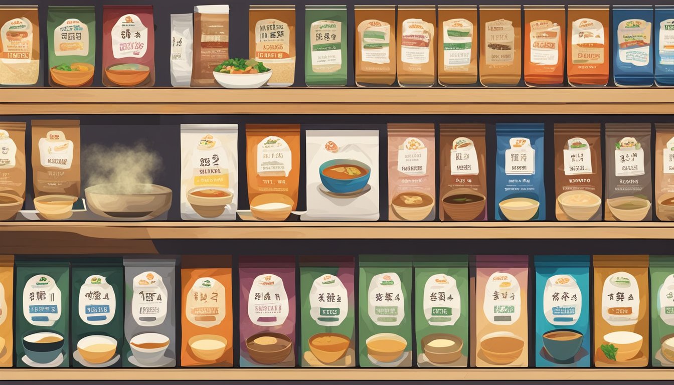 An open pantry shelf with various miso soup packets arranged neatly, some packets partially used, and a steaming bowl of miso soup on a wooden table