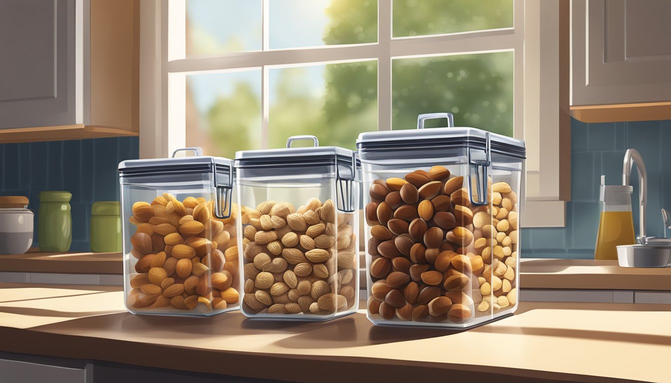 A variety of nuts in a clear, airtight container on a kitchen counter, with sunlight streaming in through a nearby window