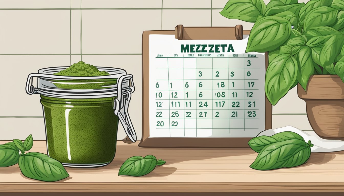 A jar of Mezzetta Homemade Style Basil Pesto sits on a kitchen shelf, surrounded by fresh basil leaves and a calendar showing the current date