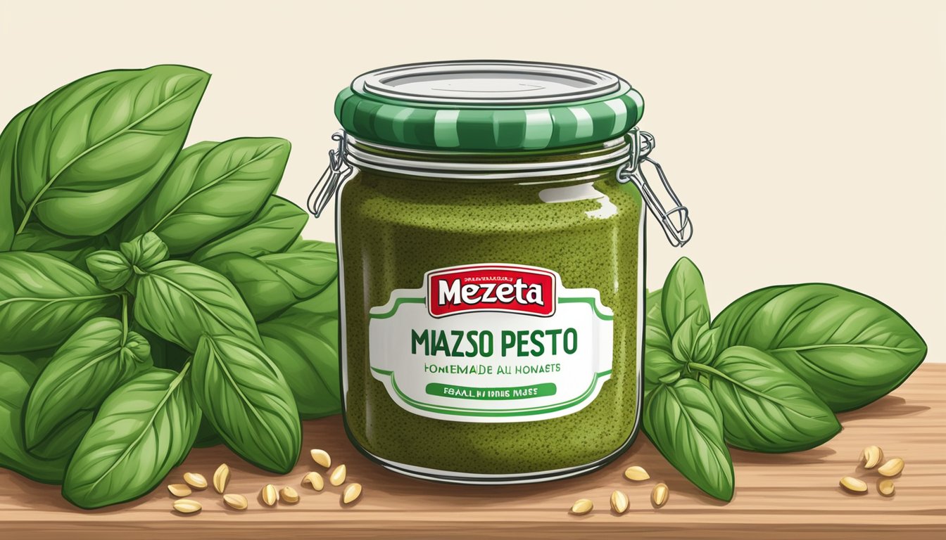 A jar of Mezzetta Homemade Style Basil Pesto sits on a kitchen counter, surrounded by fresh basil leaves and pine nuts