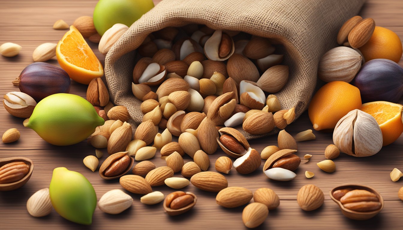 A variety of nuts spilling out of a rustic burlap sack onto a wooden table, surrounded by scattered shells and a few whole pieces of fruit