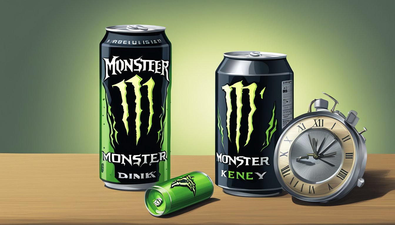 A can of Monster Energy Drink sits on a table next to a clock showing the time passing, with the drink slowly disappearing as the hours go by