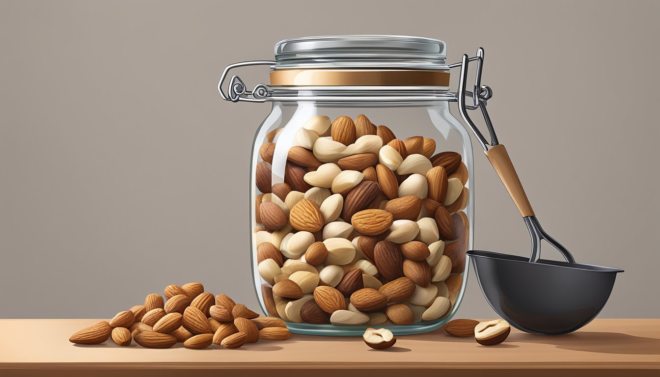 A glass jar filled with a variety of mixed nuts sits on a kitchen counter, next to a small scoop and a pair of tongs