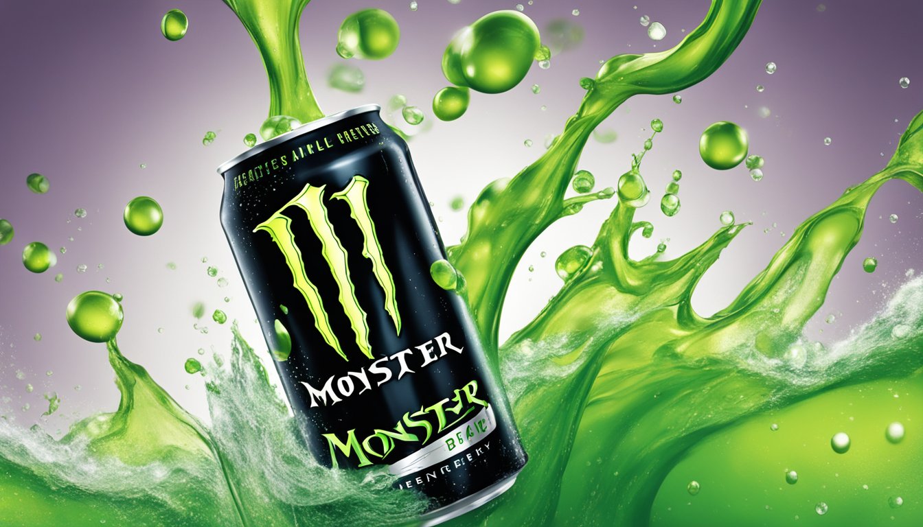 A can of Monster Energy Drink being opened and poured into a glass, with bubbles fizzing and energy swirling